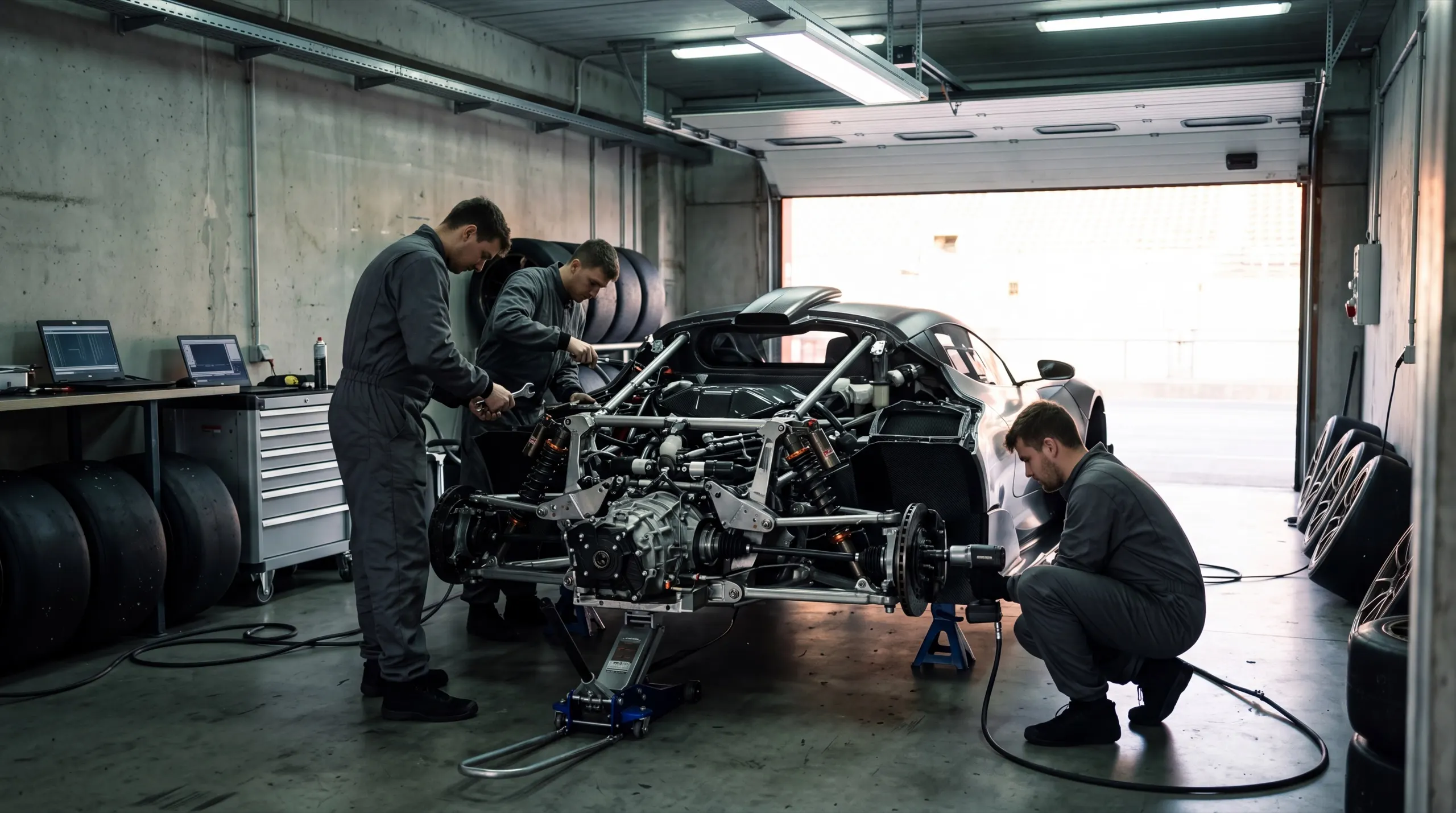 Mechanics working on the GT3 R with its rear bodywork removed