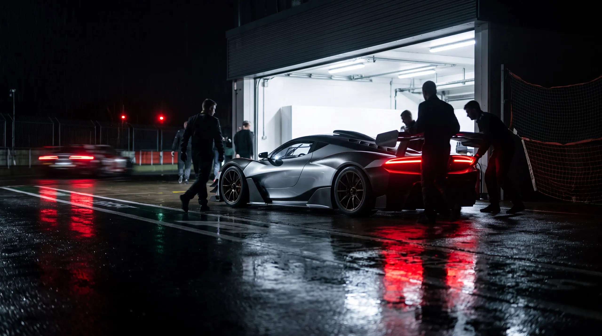 The Vantera pit box at night during an endurance race